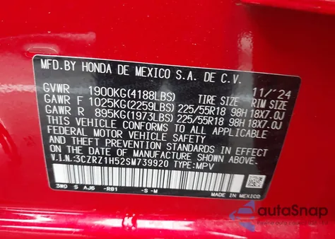 2025 Honda Hr-V 2Wd Sport из США, поврежденный, VIN 3CZRZ1H52SM739920